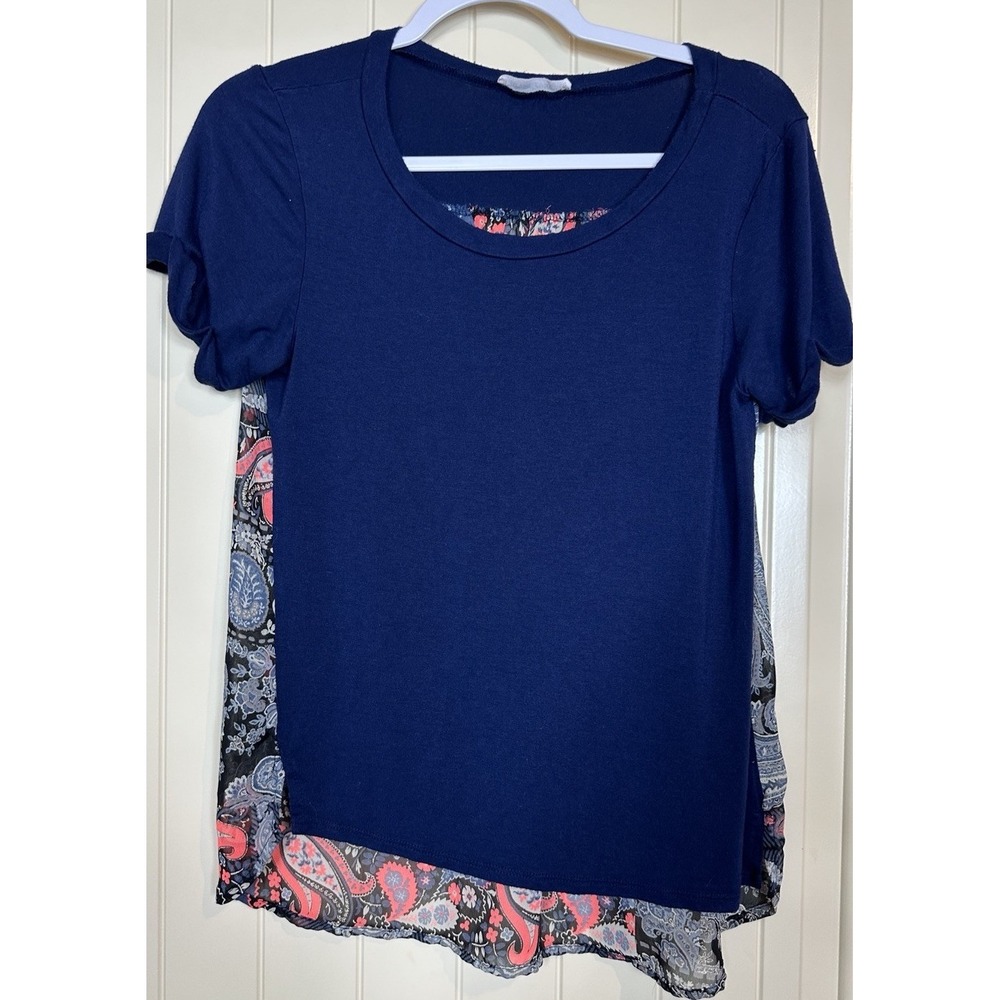 Honey Punch navy blue knit front sheer paisley back short sleeve top sz S